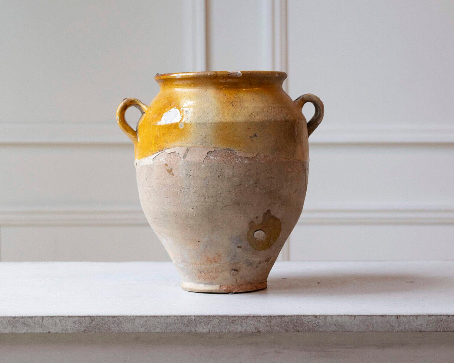 French 19th Century Glazed Terracotta Jug with Ochre Yellow Glaze - JAA