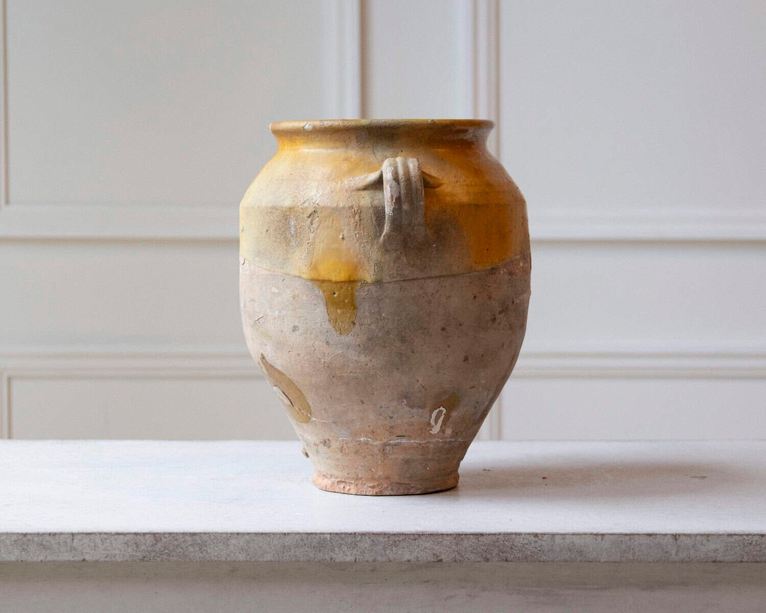 French 19th Century Glazed Terracotta Jug with Ochre Yellow Glaze - JAA