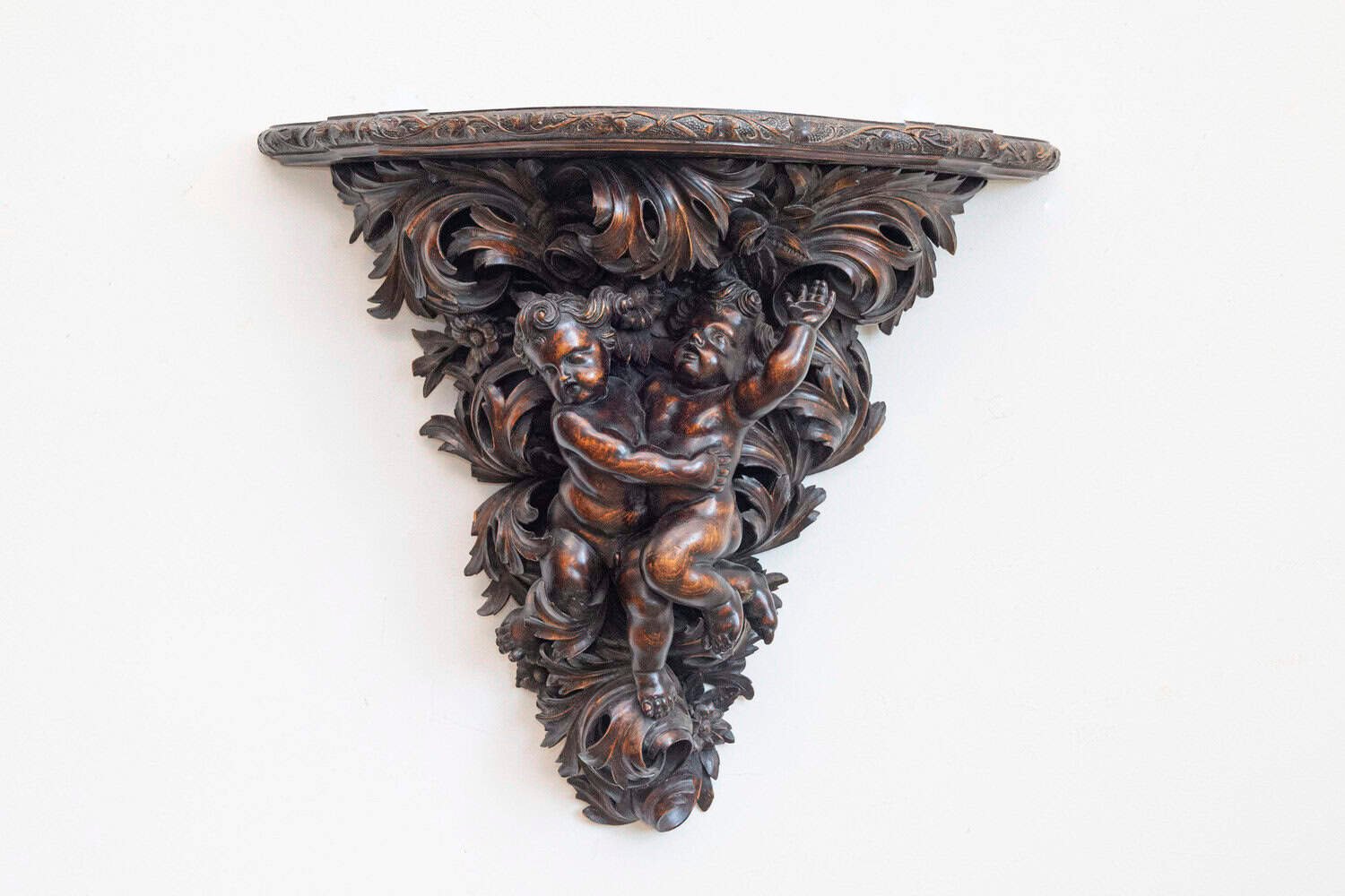 French Baroque Style Hand-Carved Walnut Bracket with Putti and Foliage, 1800s - JAA