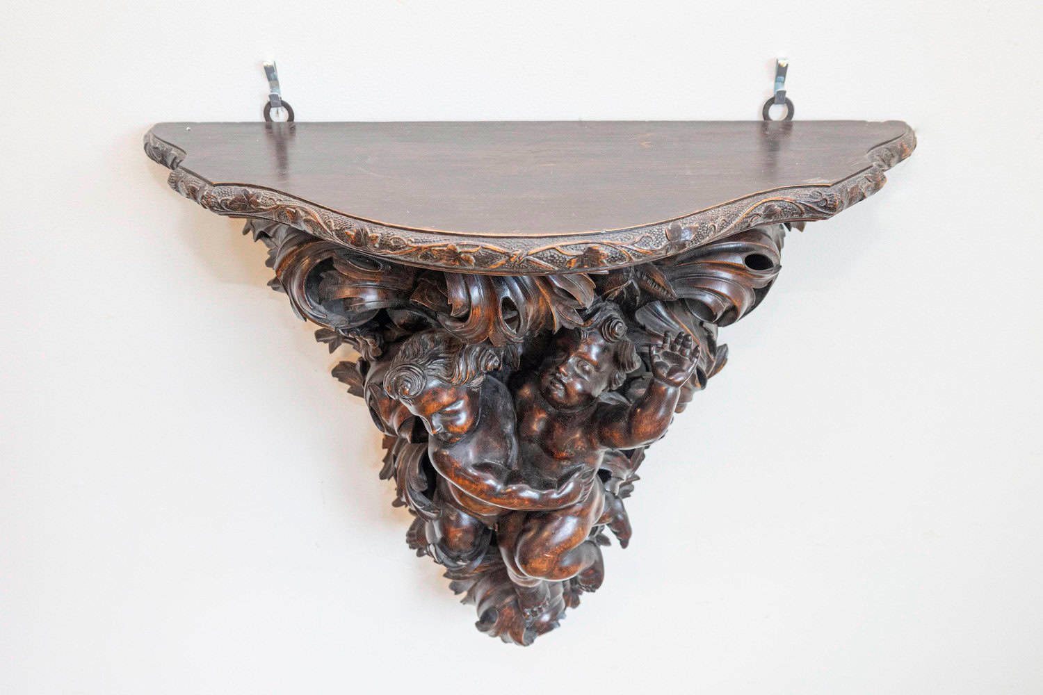 French Baroque Style Hand-Carved Walnut Bracket with Putti and Foliage, 1800s - JAA