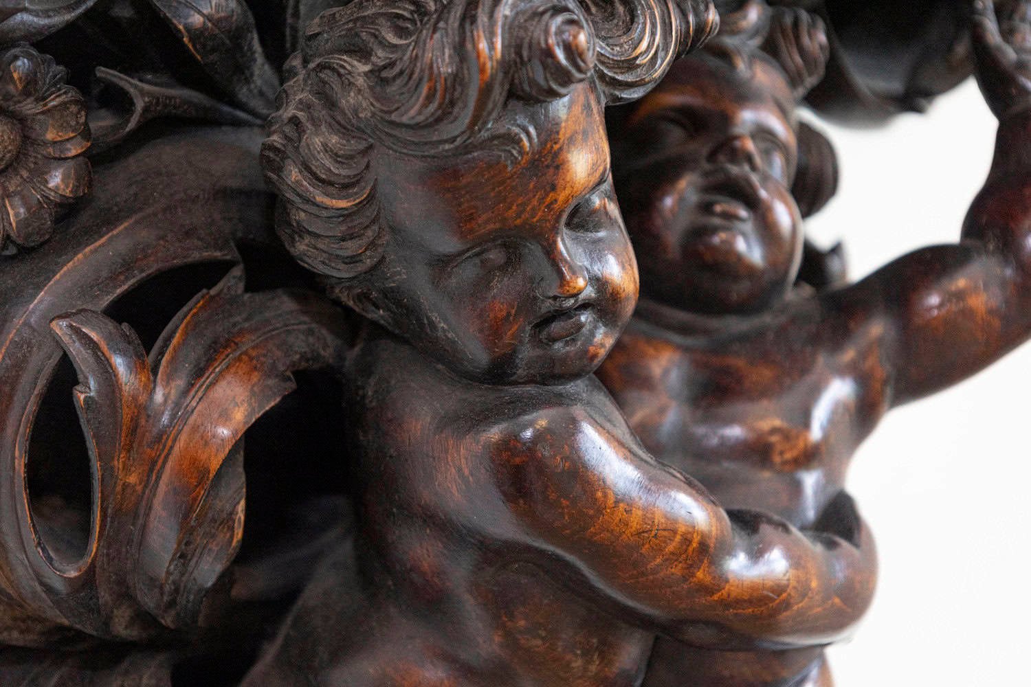 French Baroque Style Hand-Carved Walnut Bracket with Putti and Foliage, 1800s - JAA