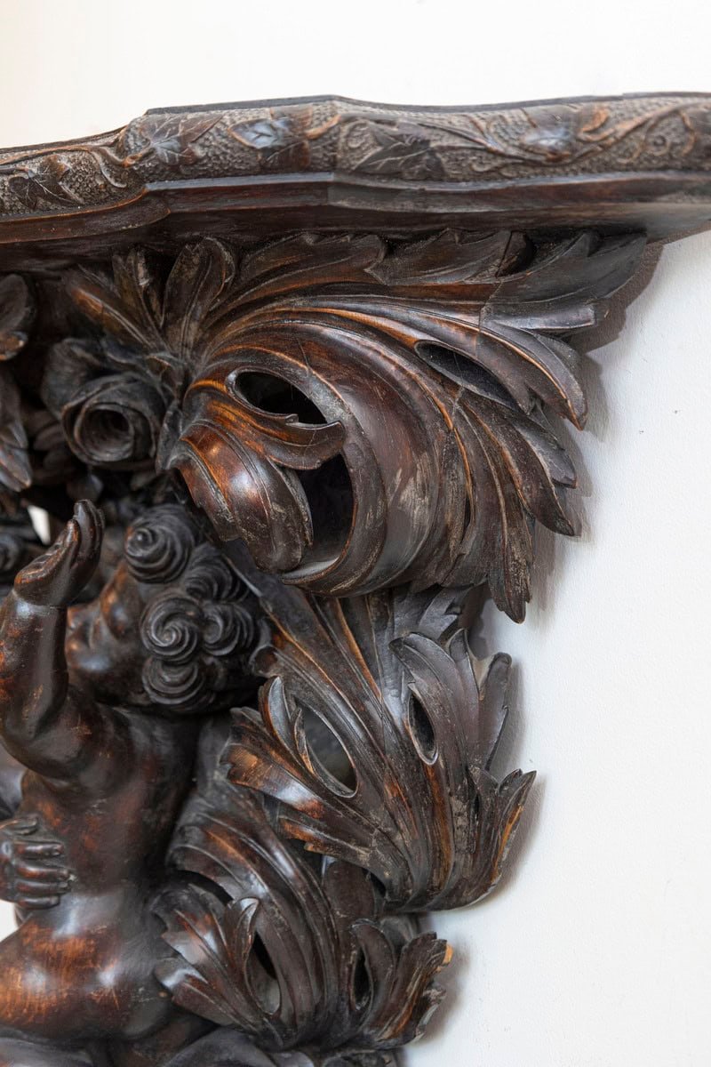 French Baroque Style Hand-Carved Walnut Bracket with Putti and Foliage, 1800s - JAA