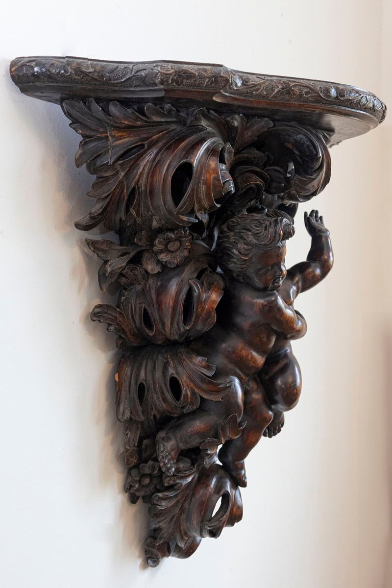 French Baroque Style Hand-Carved Walnut Bracket with Putti and Foliage, 1800s - JAA