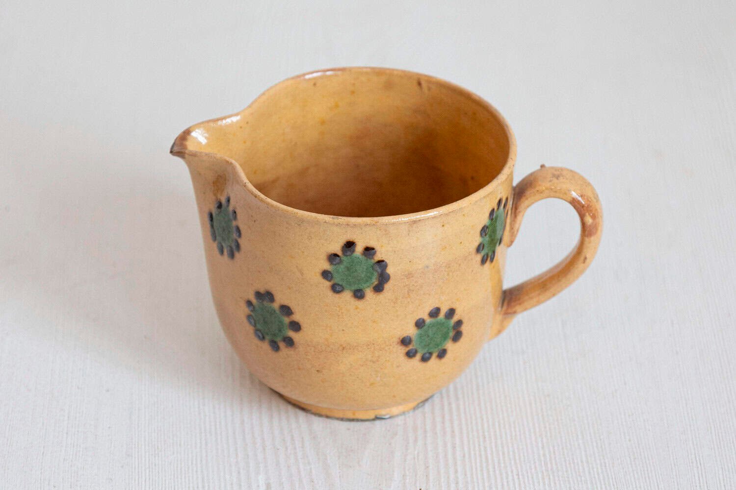 French 19th Century Rustic Peach Glazed Pitcher with Green and Chocolate Décor - JAA