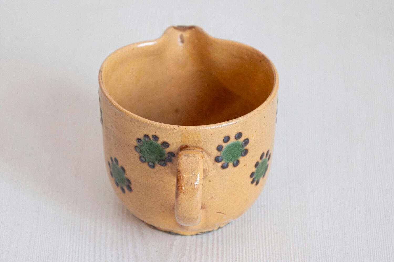 French 19th Century Rustic Peach Glazed Pitcher with Green and Chocolate Décor - JAA