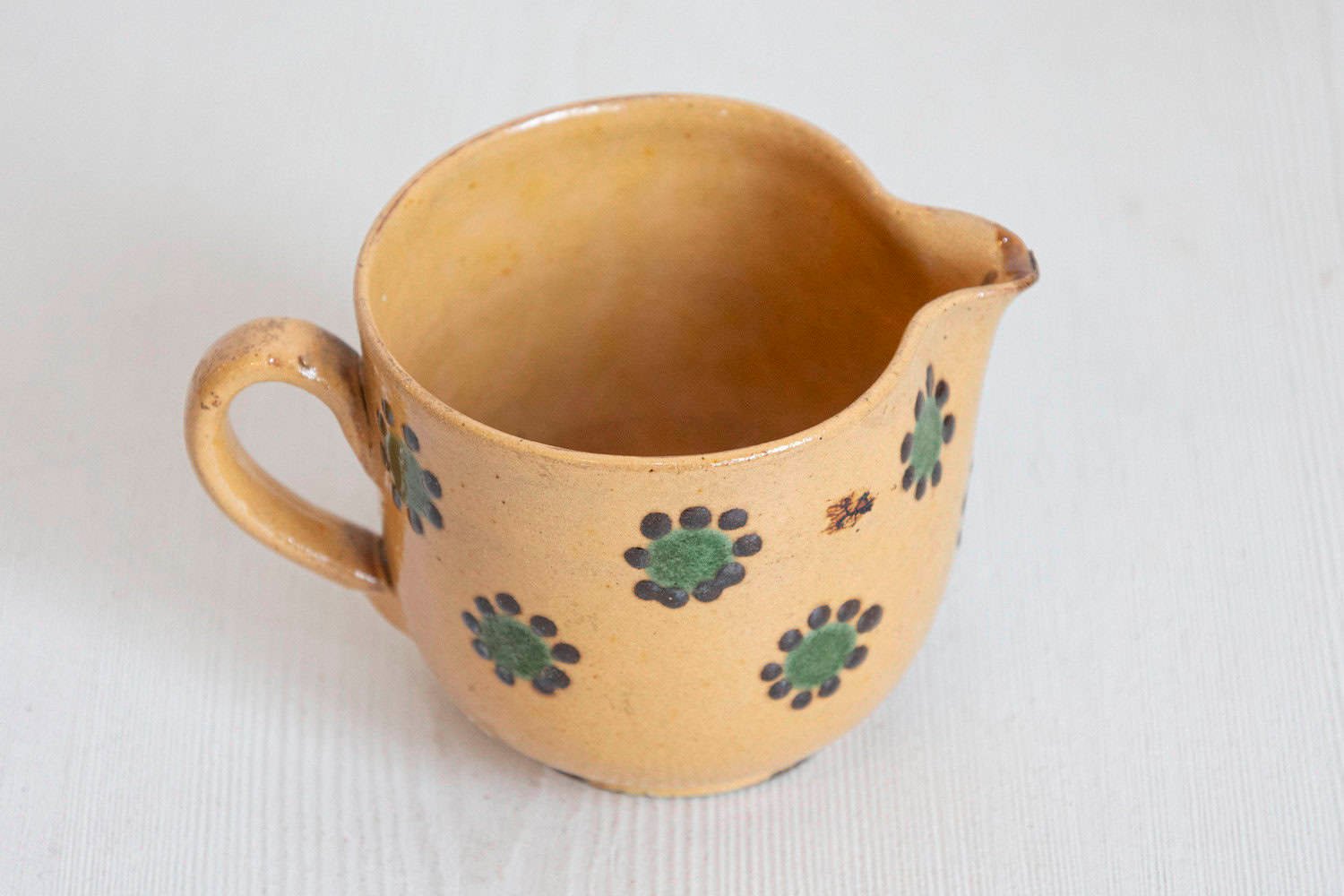 French 19th Century Rustic Peach Glazed Pitcher with Green and Chocolate Décor - JAA