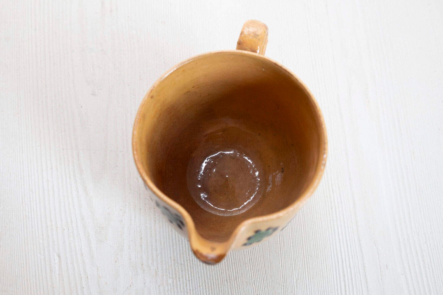 French 19th Century Rustic Peach Glazed Pitcher with Green and Chocolate Décor - JAA