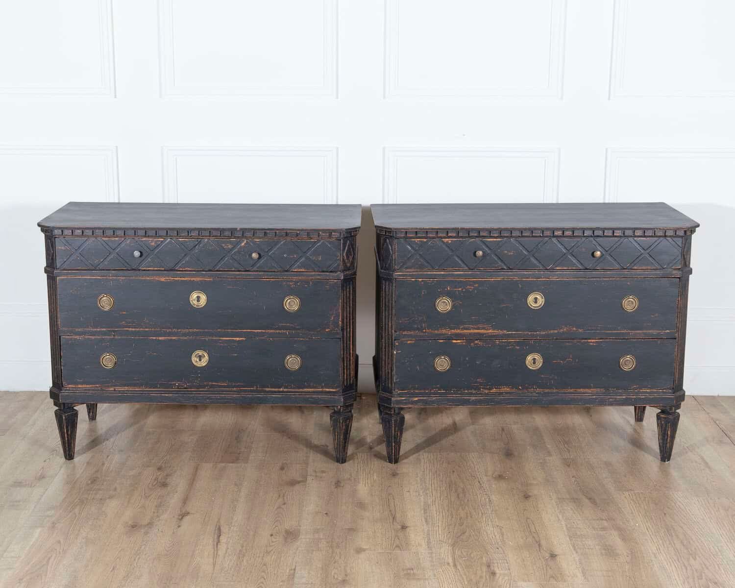 Swedish 20th Century Black-Painted Commodes with Brass Hardware, Pair - JAA