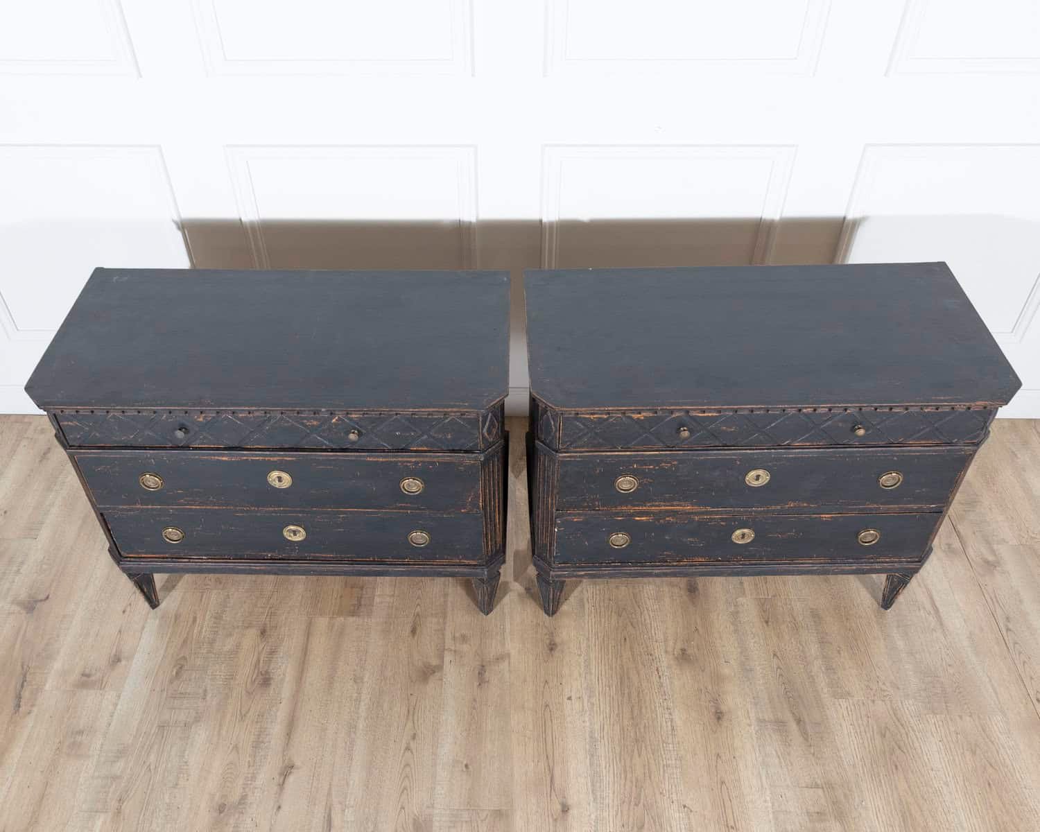 Swedish 20th Century Black-Painted Commodes with Brass Hardware, Pair - JAA