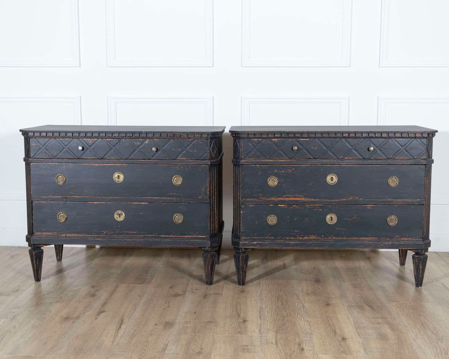 Swedish 20th Century Black-Painted Commodes with Brass Hardware, Pair - JAA