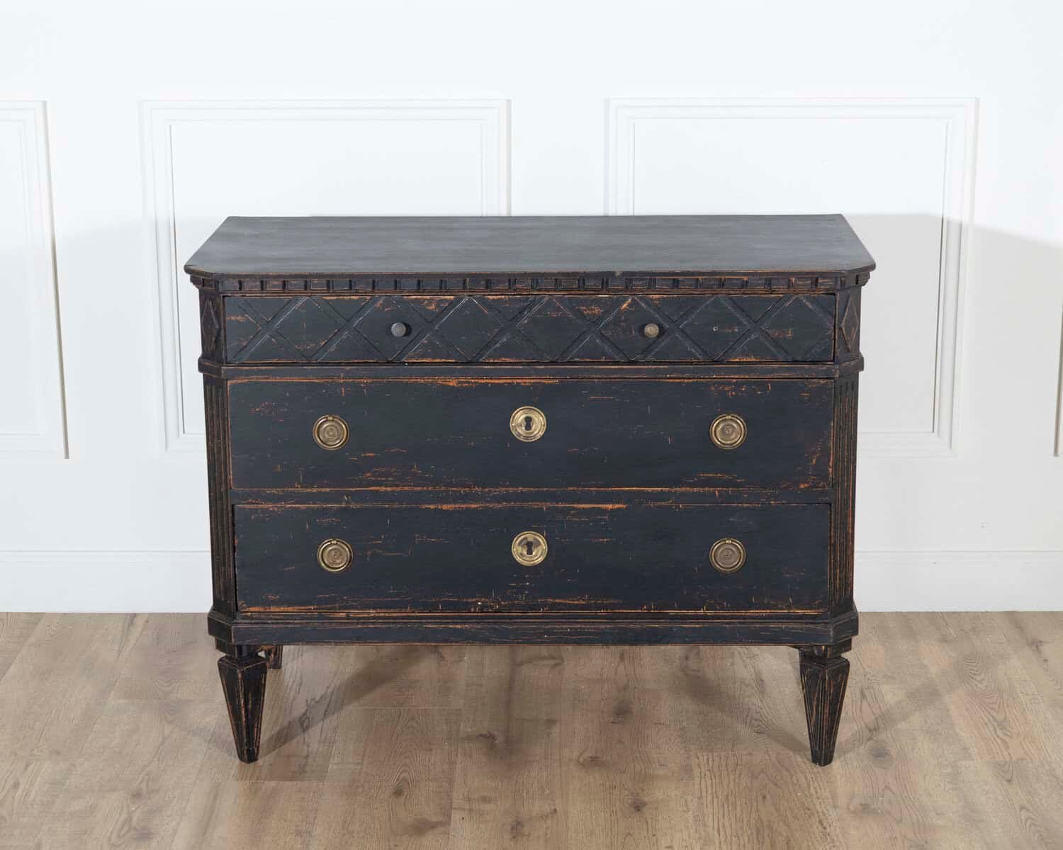 Swedish 20th Century Black-Painted Commodes with Brass Hardware, Pair - JAA