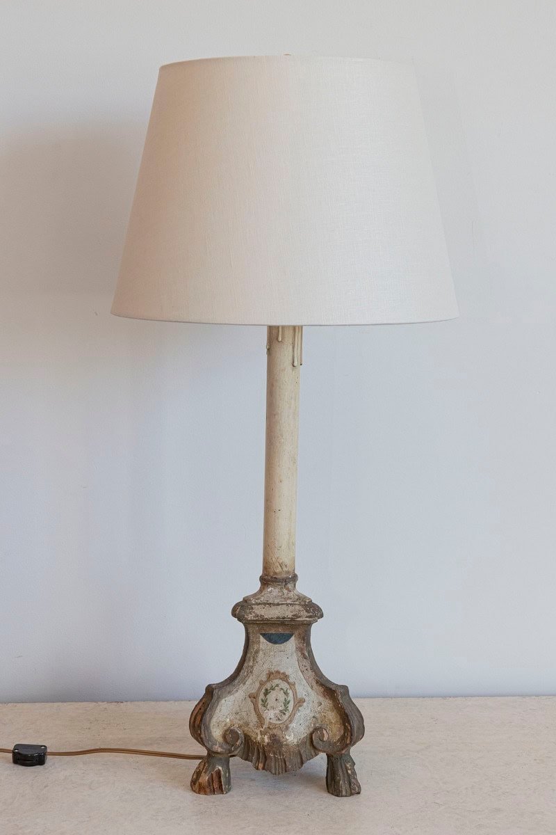 18th-Century French Louis XVI Painted and Giltwood Altar Candlestick Lamp - JAA