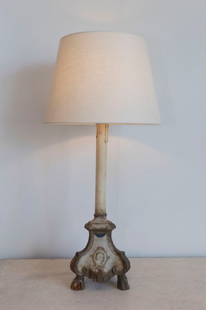 18th-Century French Louis XVI Painted and Giltwood Altar Candlestick Lamp - JAA