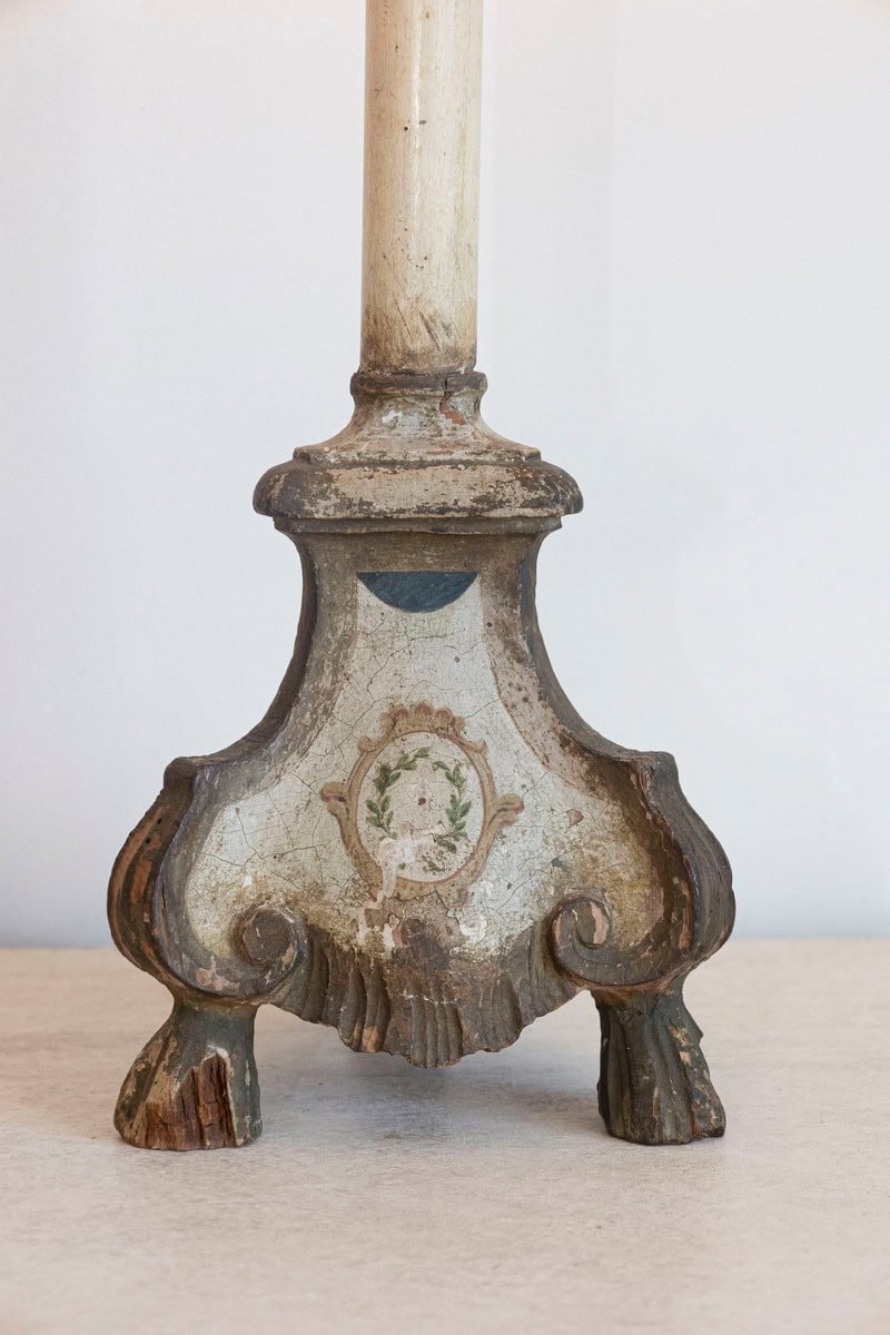 18th-Century French Louis XVI Painted and Giltwood Altar Candlestick Lamp - JAA