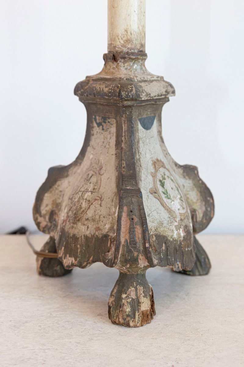 18th-Century French Louis XVI Painted and Giltwood Altar Candlestick Lamp - JAA