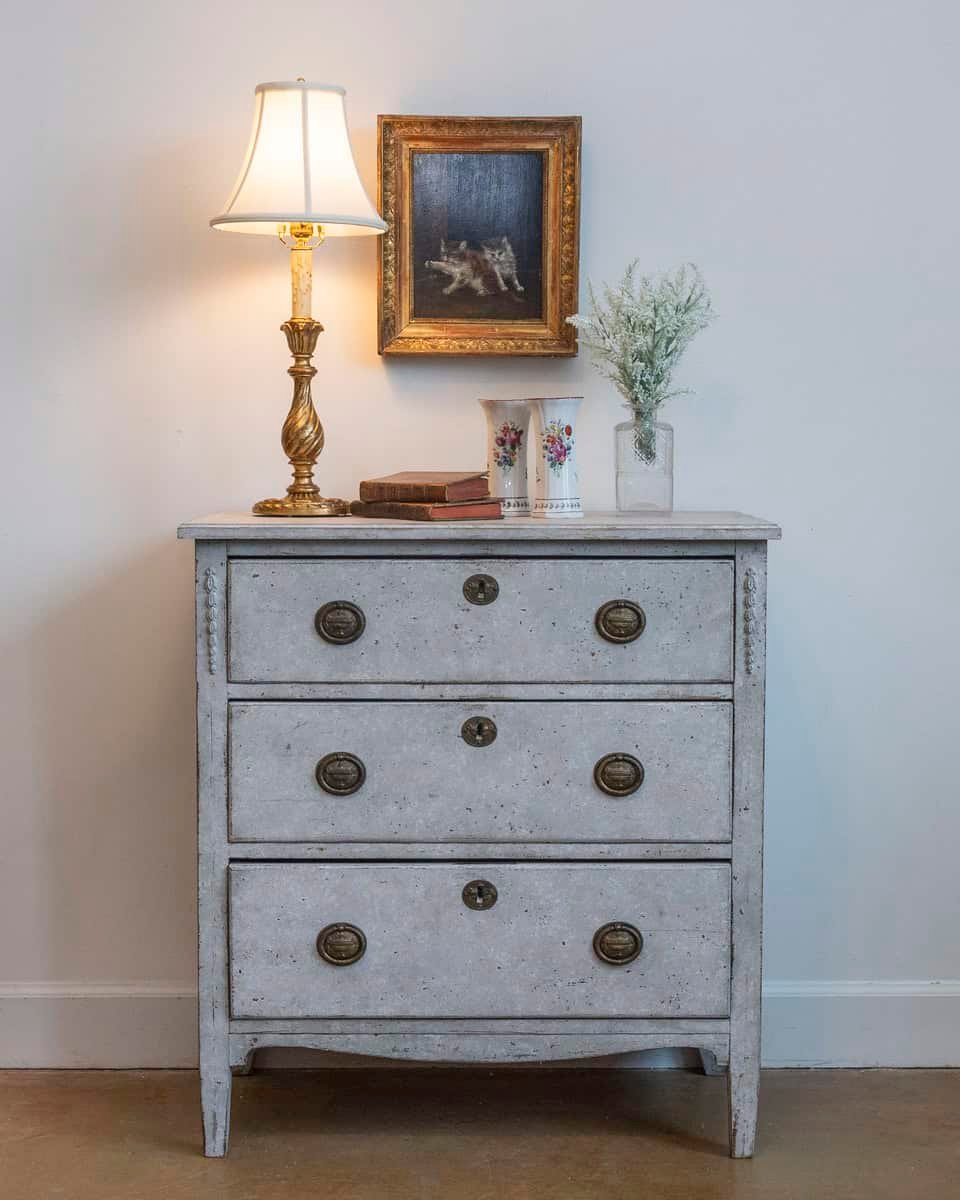 Gustavian Style Swedish Light Grey Painted Three-Drawer Chest with Carved Posts - JAA
