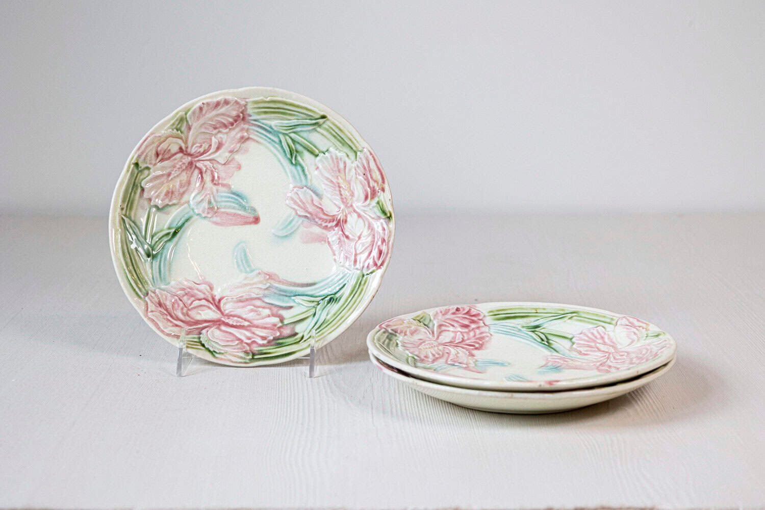 Set of Two French circa 1900 Majolica Dessert Plates with Pink Carnations - JAA