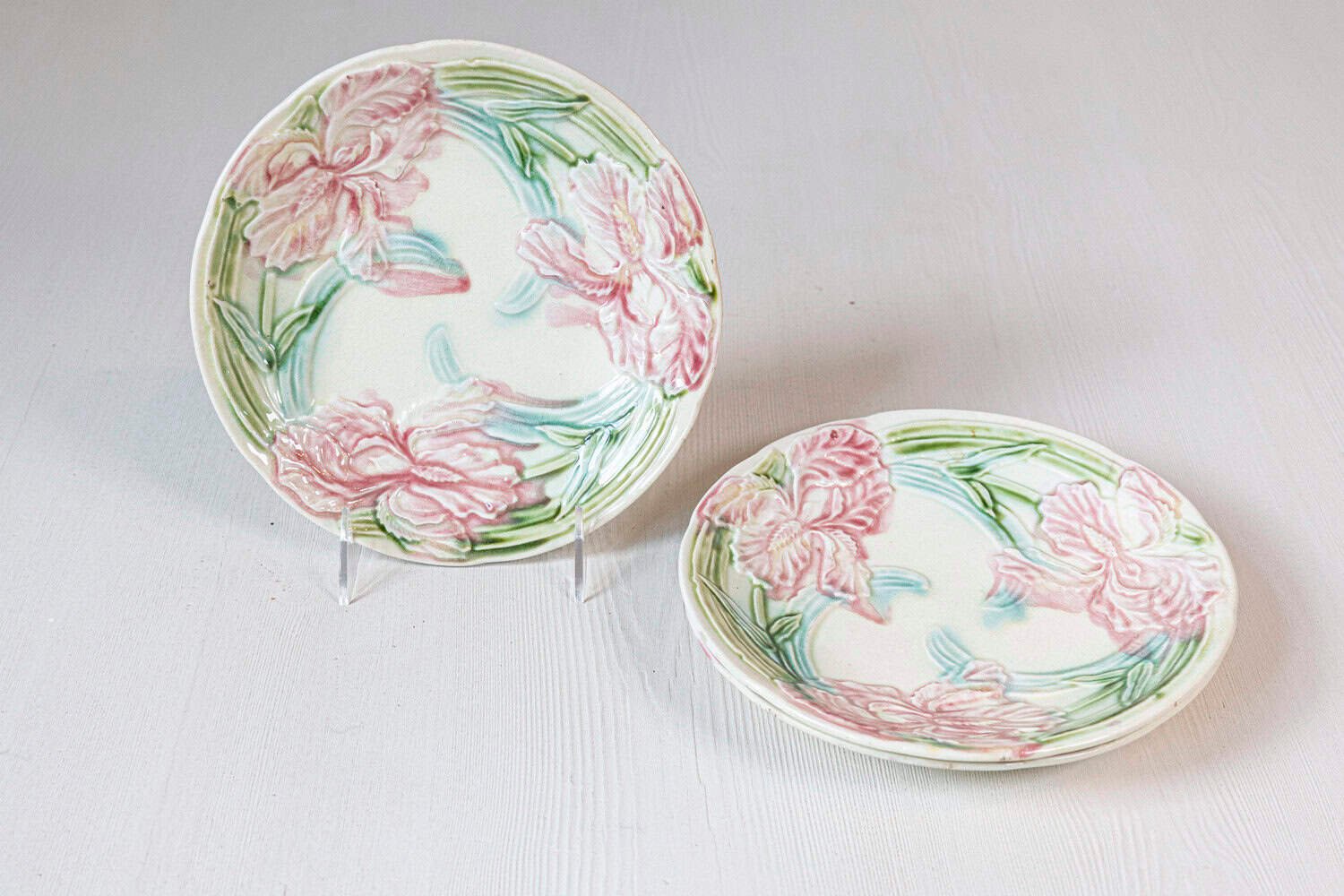 Set of Two French circa 1900 Majolica Dessert Plates with Pink Carnations - JAA