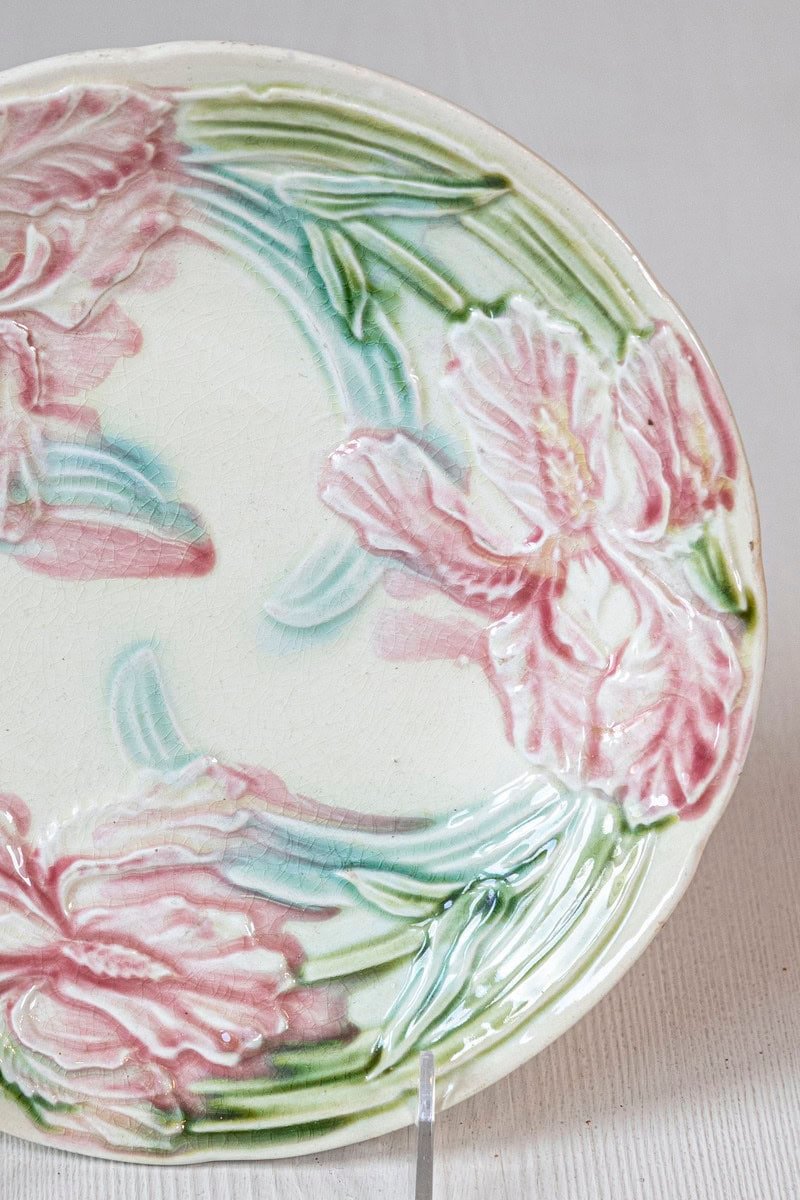Set of Two French circa 1900 Majolica Dessert Plates with Pink Carnations - JAA