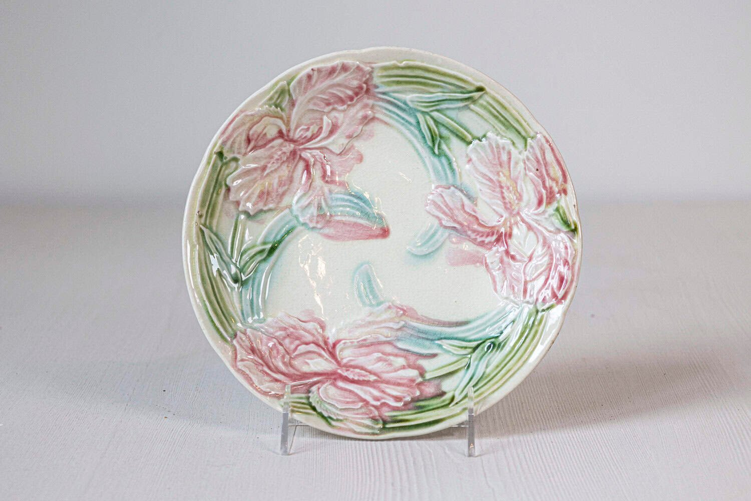 Set of Two French circa 1900 Majolica Dessert Plates with Pink Carnations - JAA