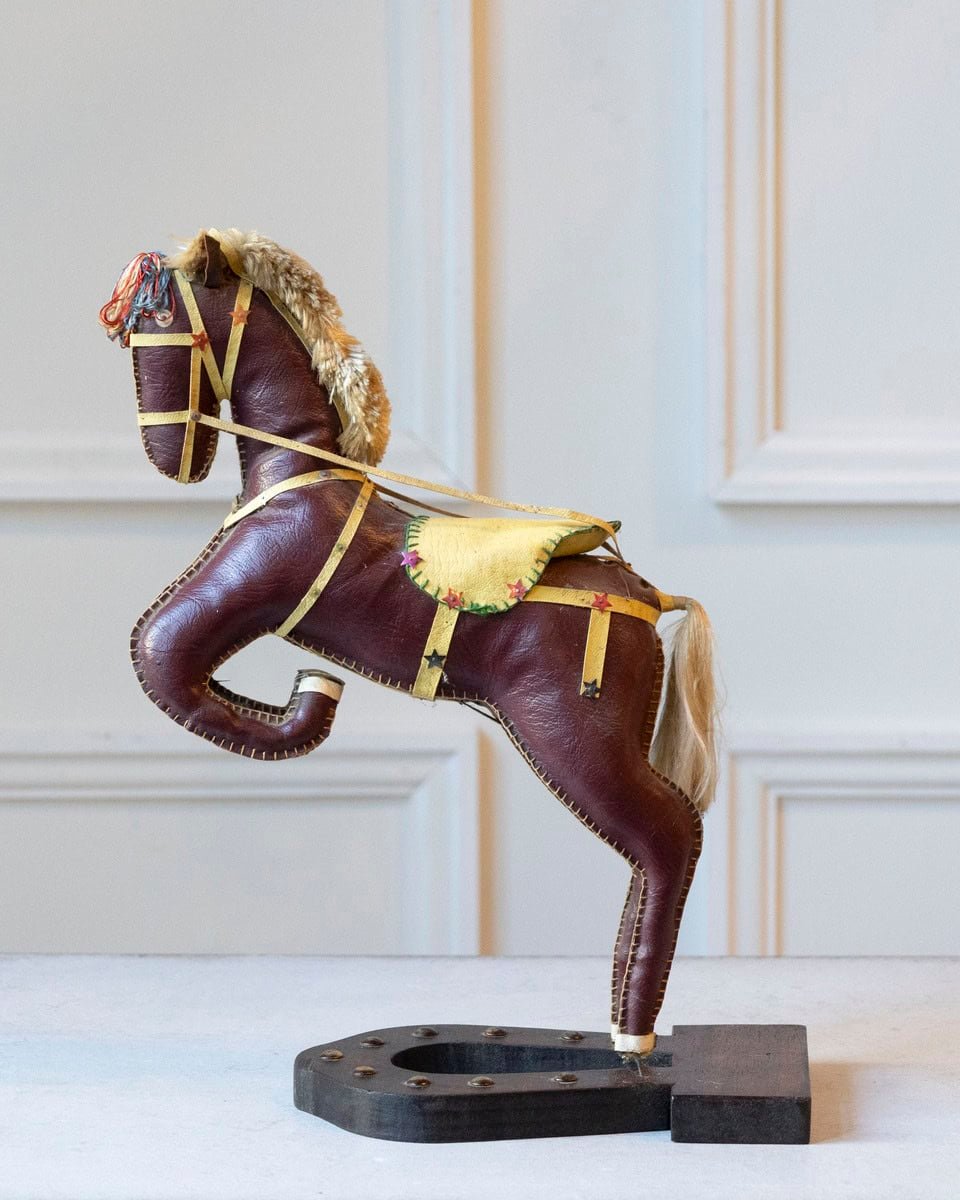 French 20th Century Decorative Dark Brown Moleskin Horse Sculpture with Leather Harness in Rearing Pose - JAA