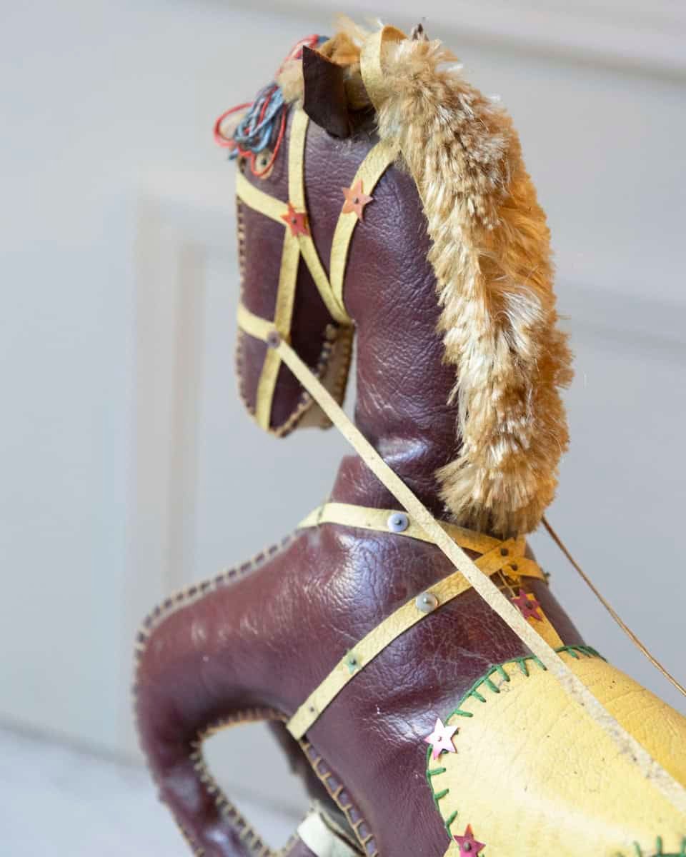 French 20th Century Decorative Dark Brown Moleskin Horse Sculpture with Leather Harness in Rearing Pose - JAA