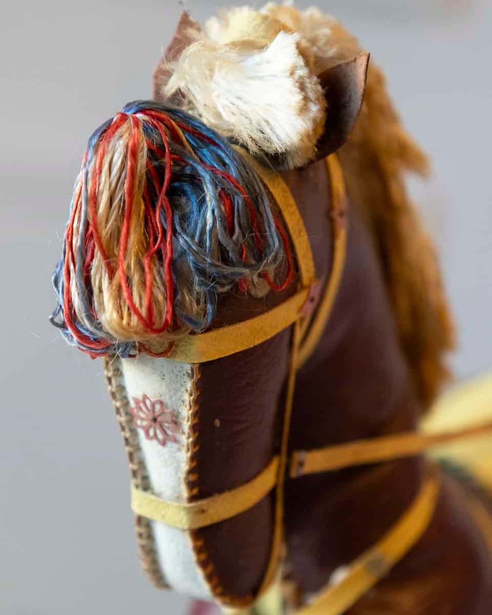 French 20th Century Decorative Dark Brown Moleskin Horse Sculpture with Leather Harness in Rearing Pose - JAA