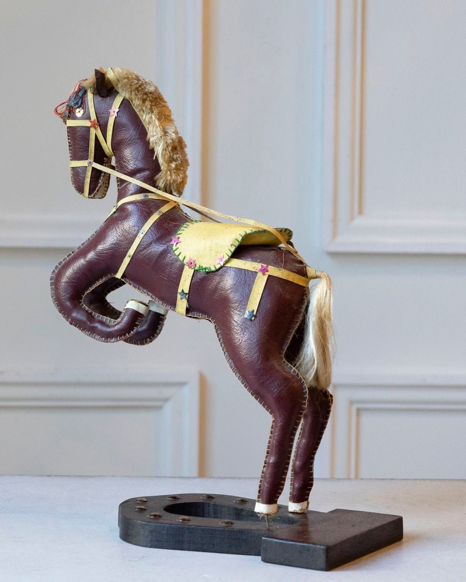 French 20th Century Decorative Dark Brown Moleskin Horse Sculpture with Leather Harness in Rearing Pose - JAA