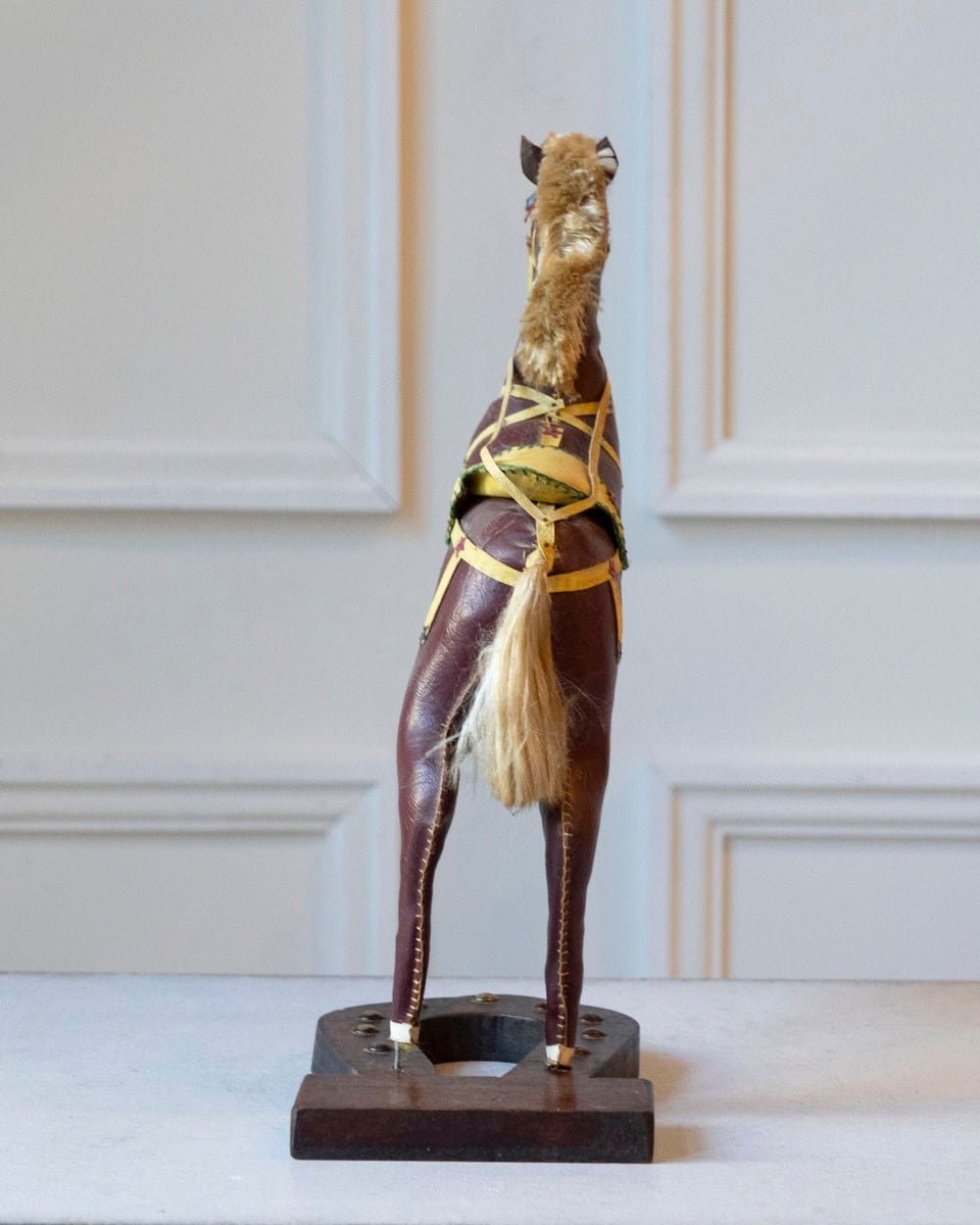 French 20th Century Decorative Dark Brown Moleskin Horse Sculpture with Leather Harness in Rearing Pose - JAA
