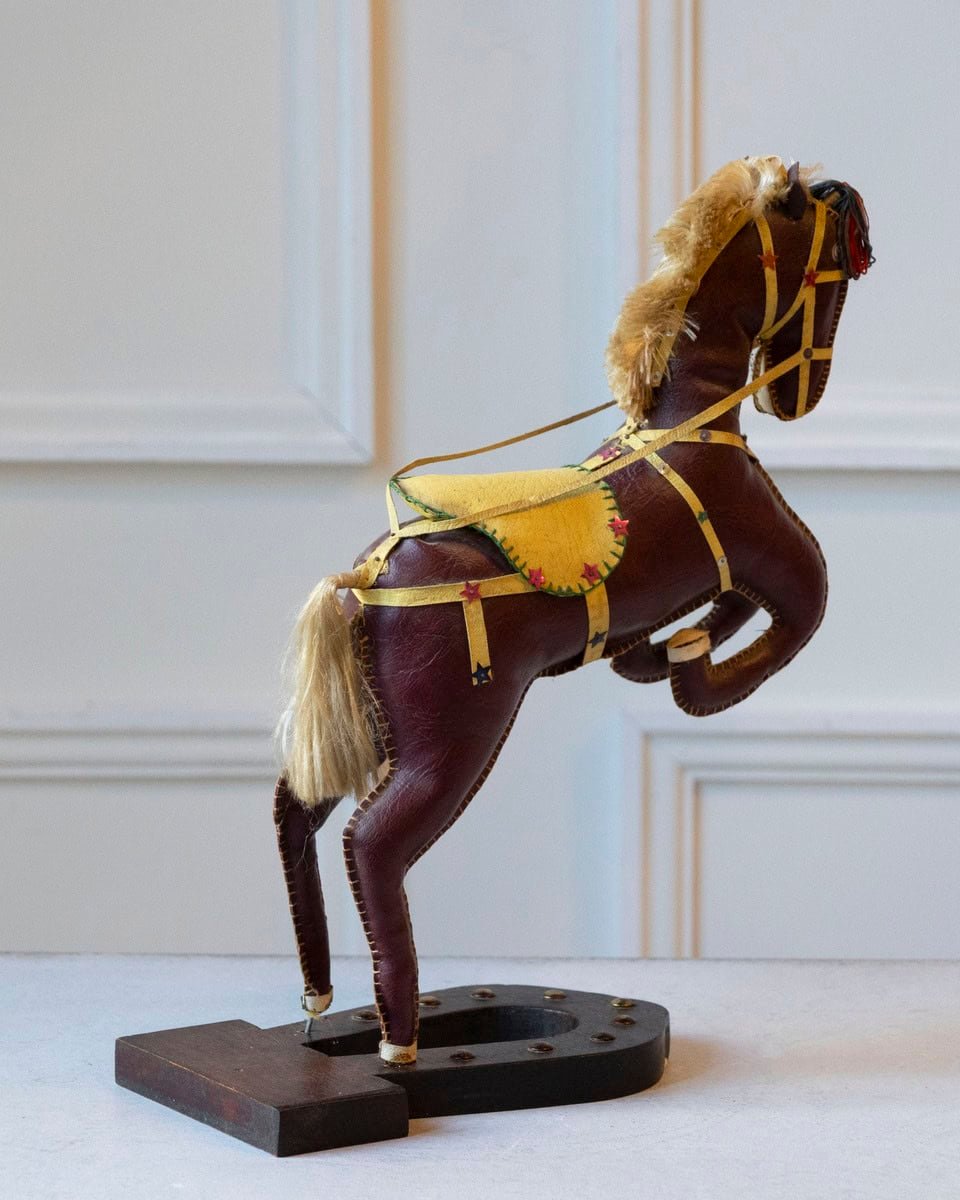 French 20th Century Decorative Dark Brown Moleskin Horse Sculpture with Leather Harness in Rearing Pose - JAA