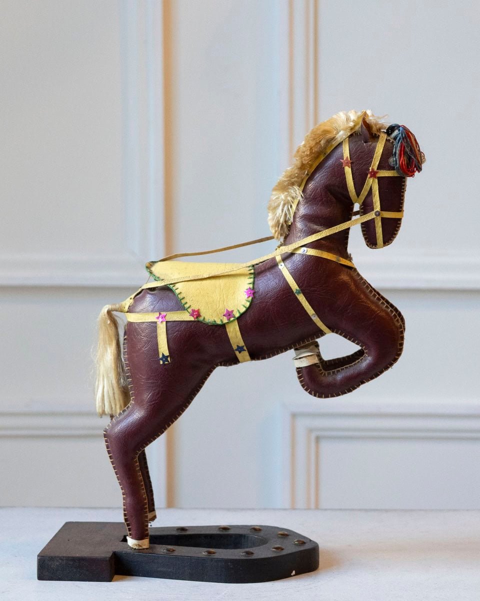 French 20th Century Decorative Dark Brown Moleskin Horse Sculpture with Leather Harness in Rearing Pose - JAA