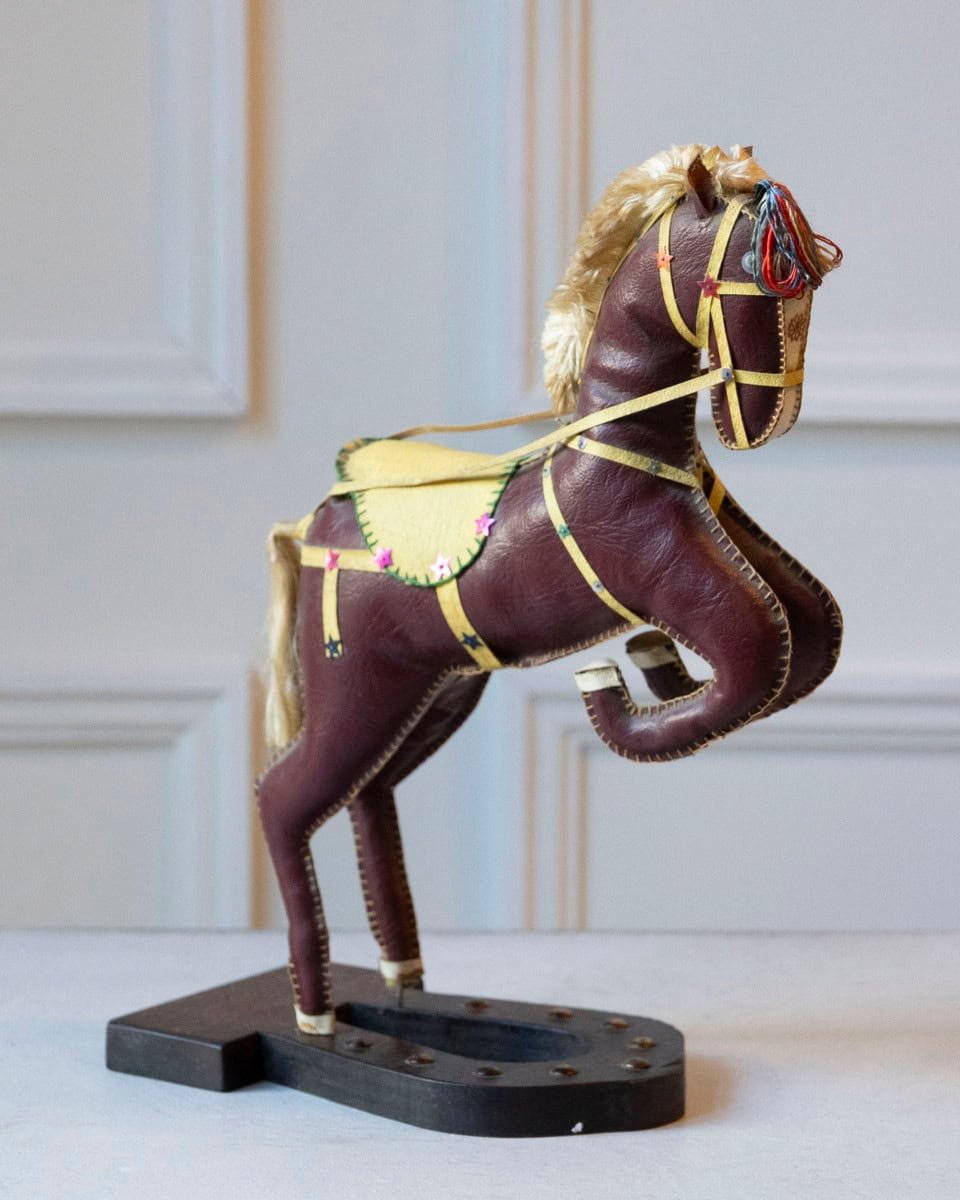 French 20th Century Decorative Dark Brown Moleskin Horse Sculpture with Leather Harness in Rearing Pose - JAA