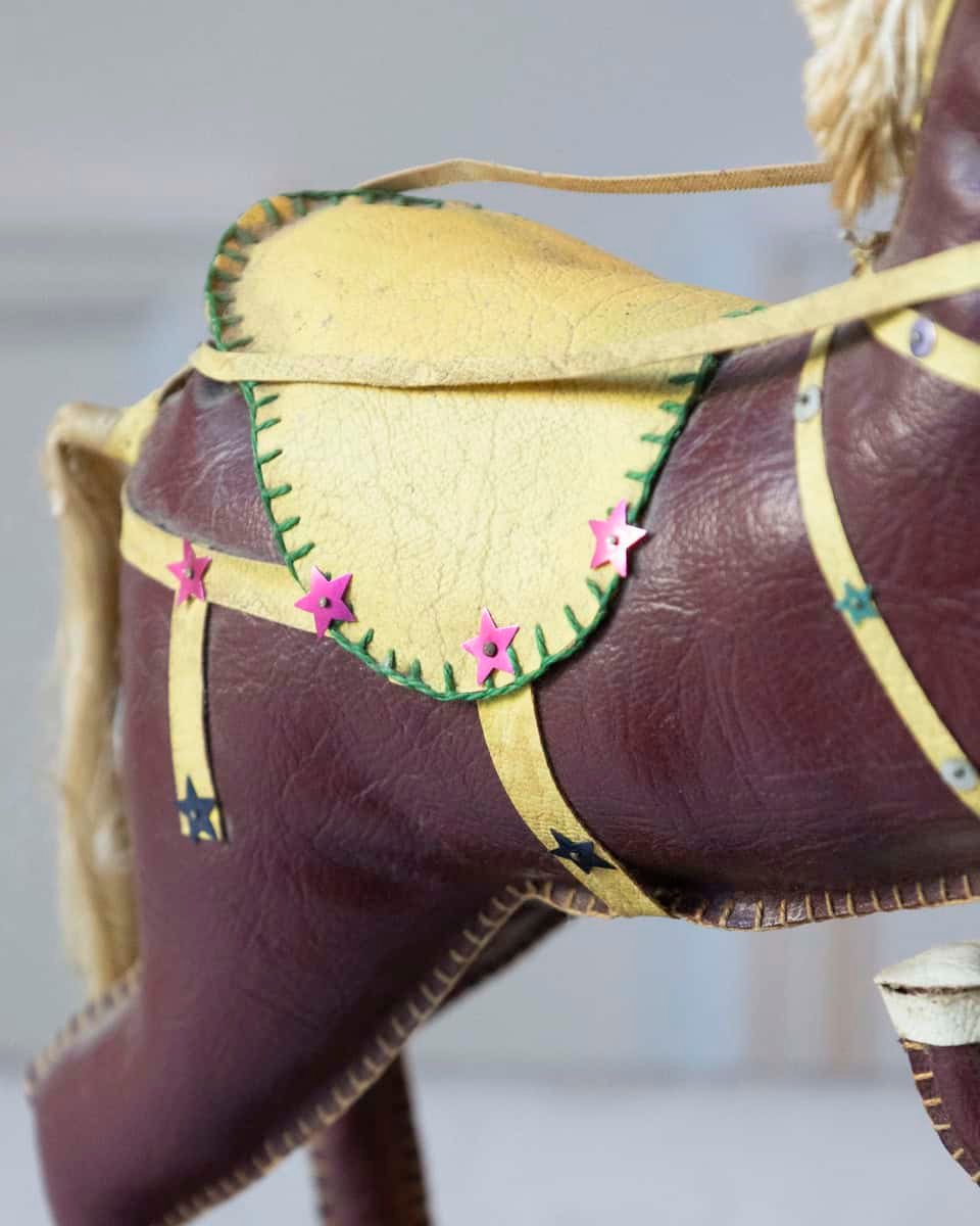 French 20th Century Decorative Dark Brown Moleskin Horse Sculpture with Leather Harness in Rearing Pose - JAA