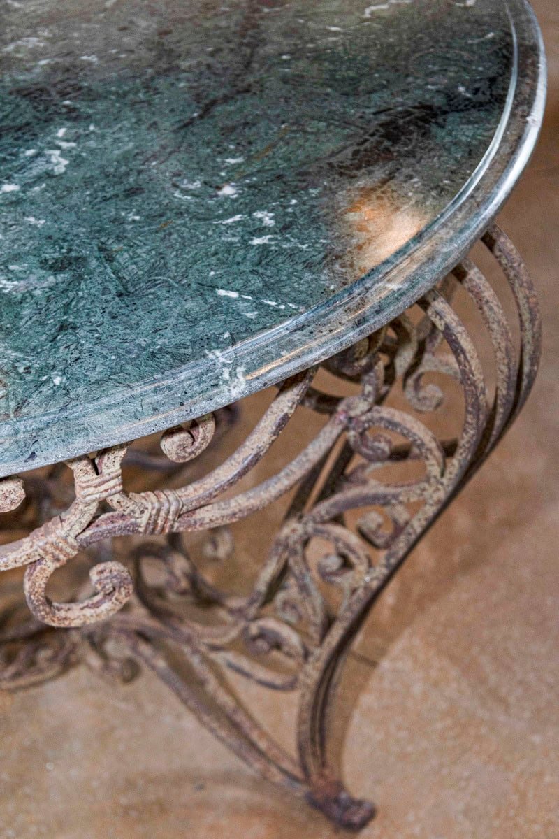 20th Century French Iron Round Center Table With Verde Marble - JAA
