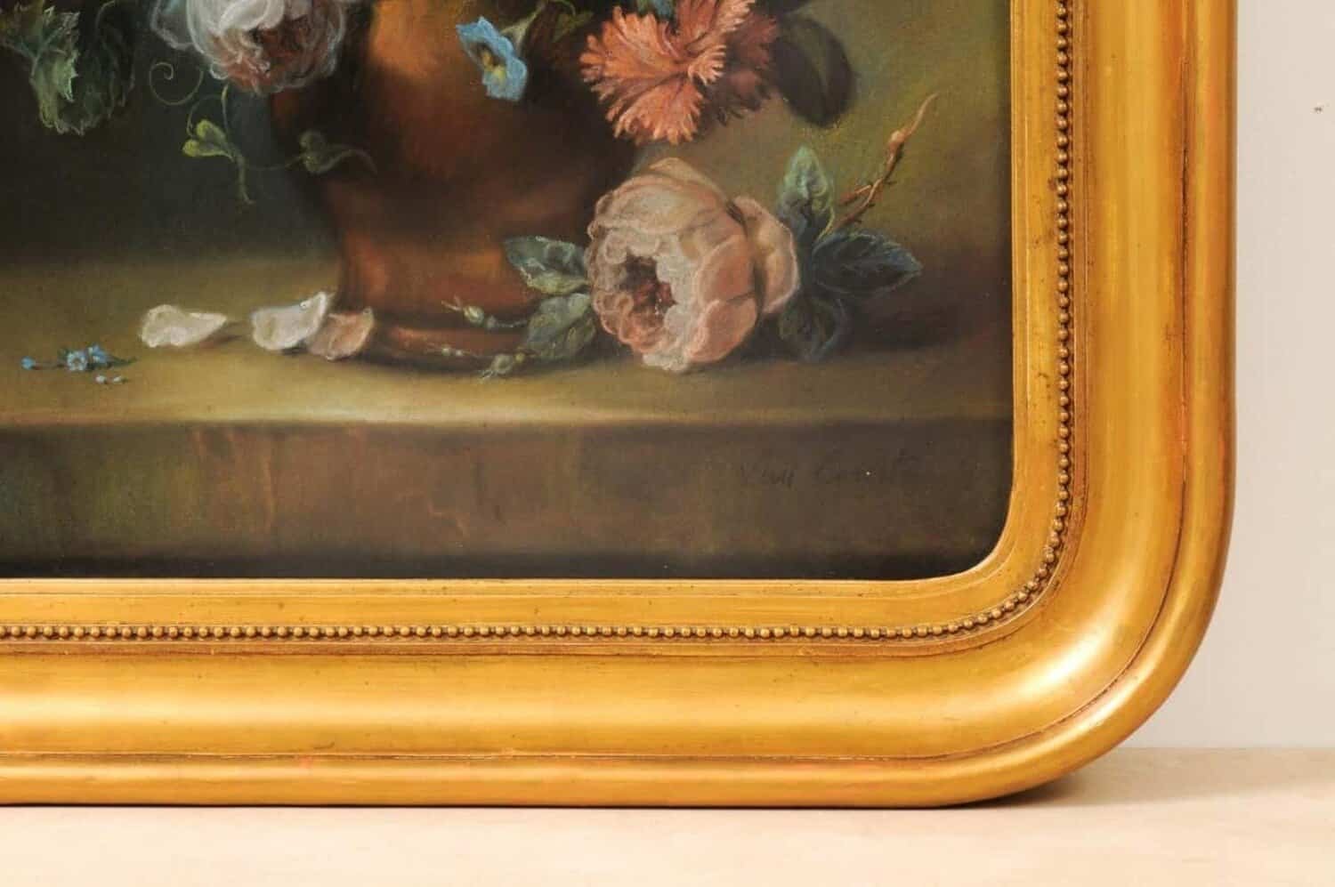 French 19th Century Paste Painting with Bouquet of Flowers in Giltwood Frame - JAA
