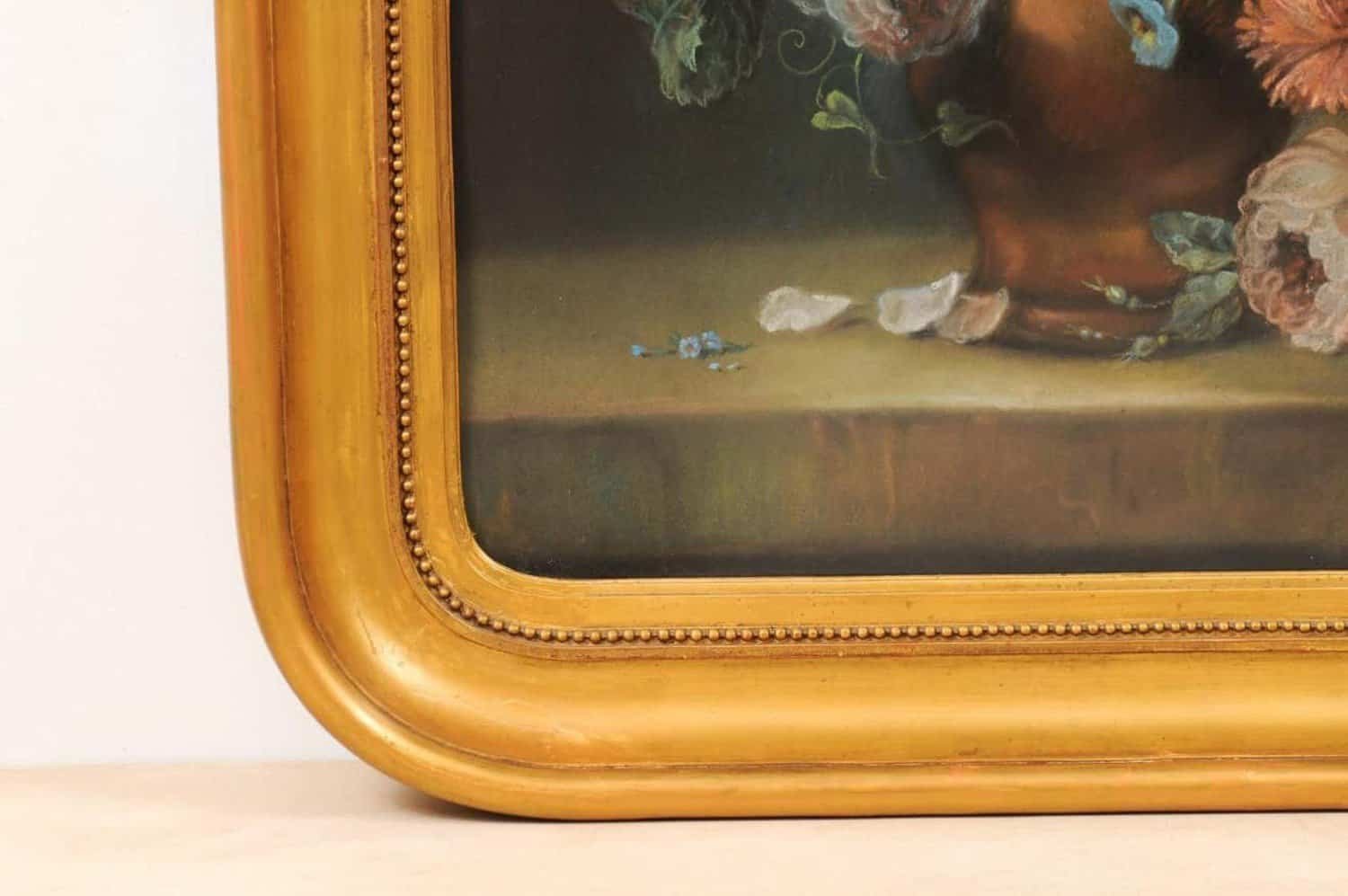 French 19th Century Paste Painting with Bouquet of Flowers in Giltwood Frame - JAA