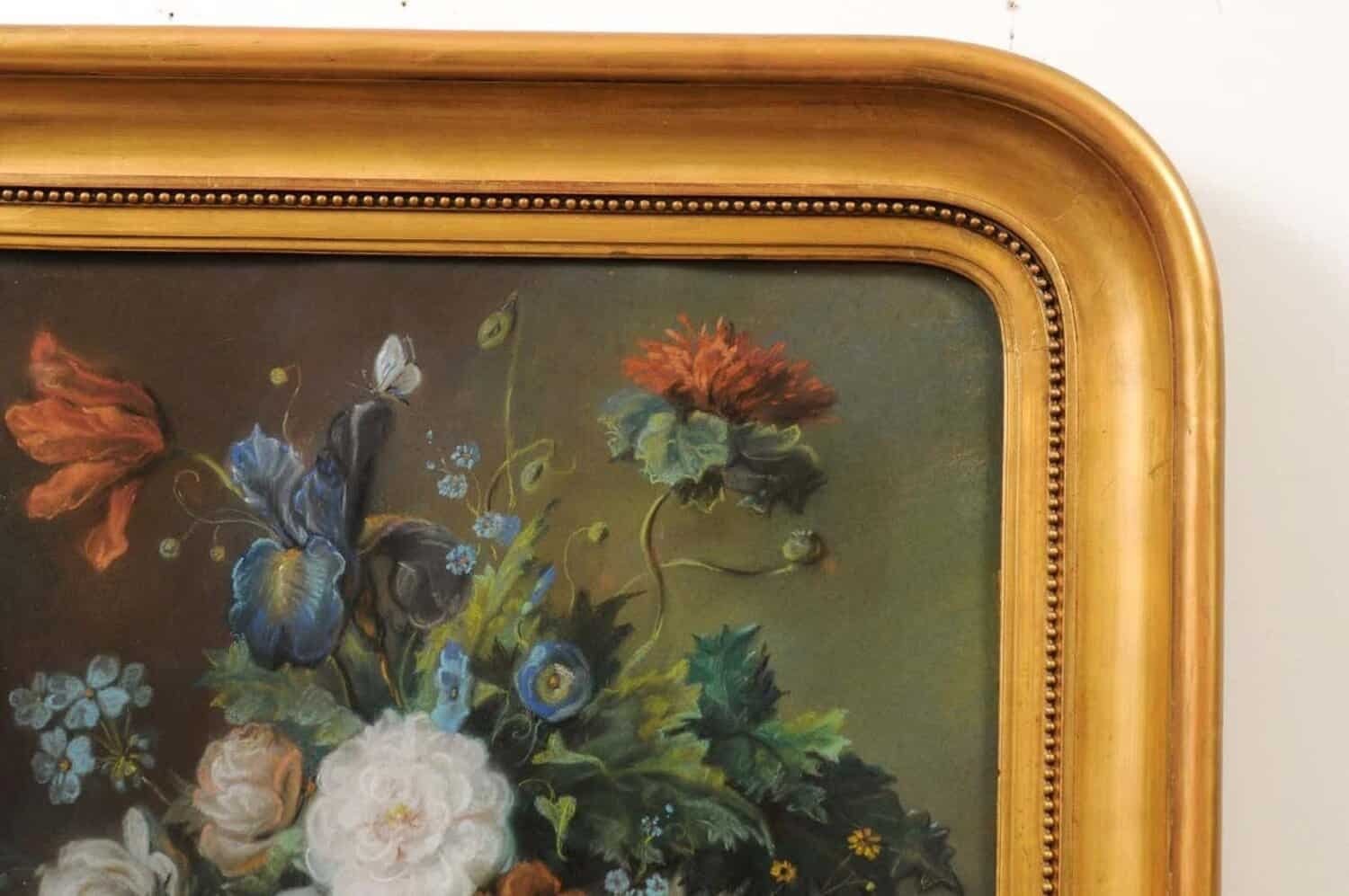 French 19th Century Paste Painting with Bouquet of Flowers in Giltwood Frame - JAA