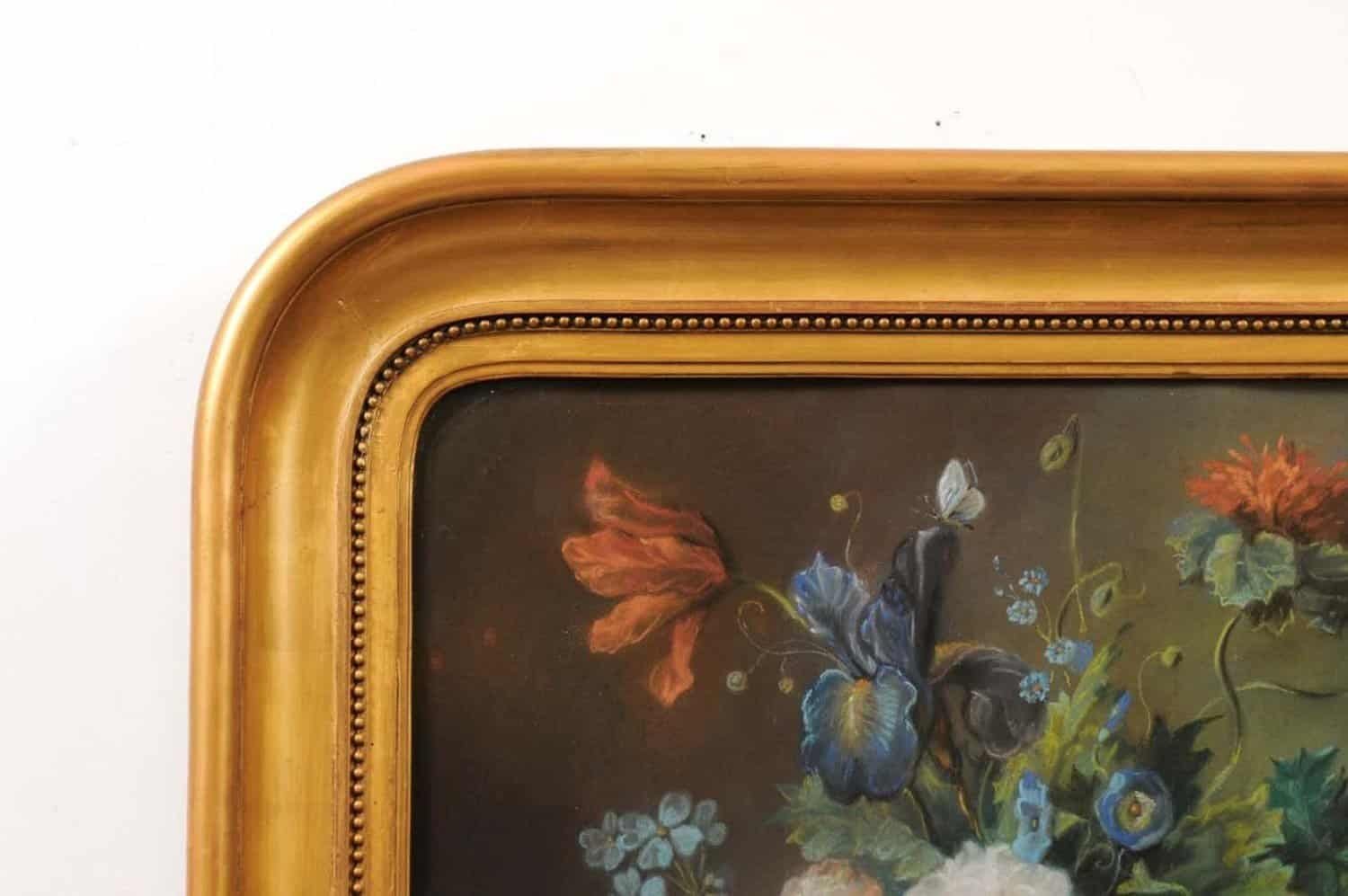 French 19th Century Paste Painting with Bouquet of Flowers in Giltwood Frame - JAA