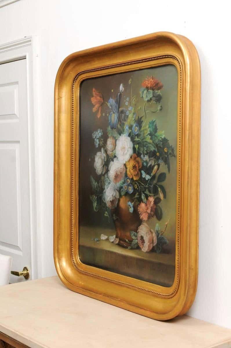 French 19th Century Paste Painting with Bouquet of Flowers in Giltwood Frame - JAA