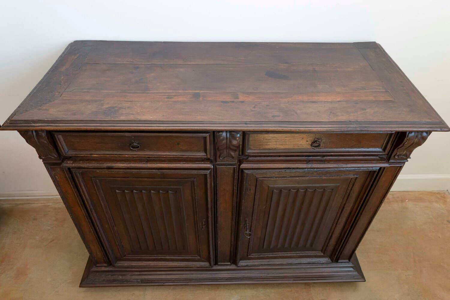 French 16th Century Henri II Period Walnut Buffet with Folded Cloth Ornaments - JAA