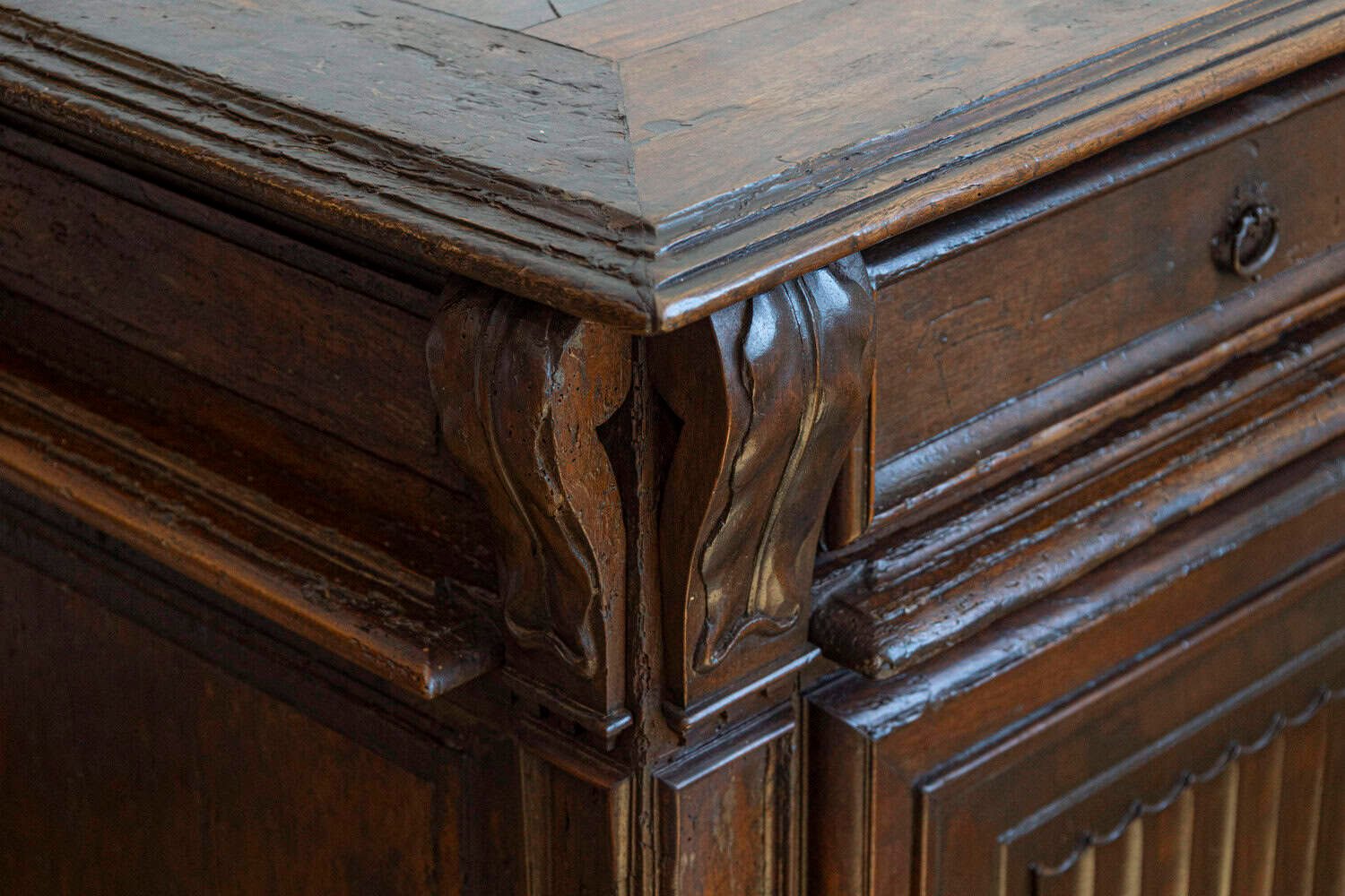 French 16th Century Henri II Period Walnut Buffet with Folded Cloth Ornaments - JAA