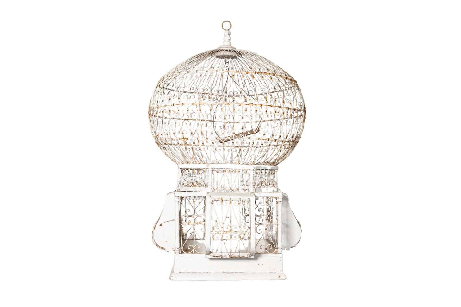 Early 20th-Century French White Wrought Iron Birdcage with Dome Top - JAA