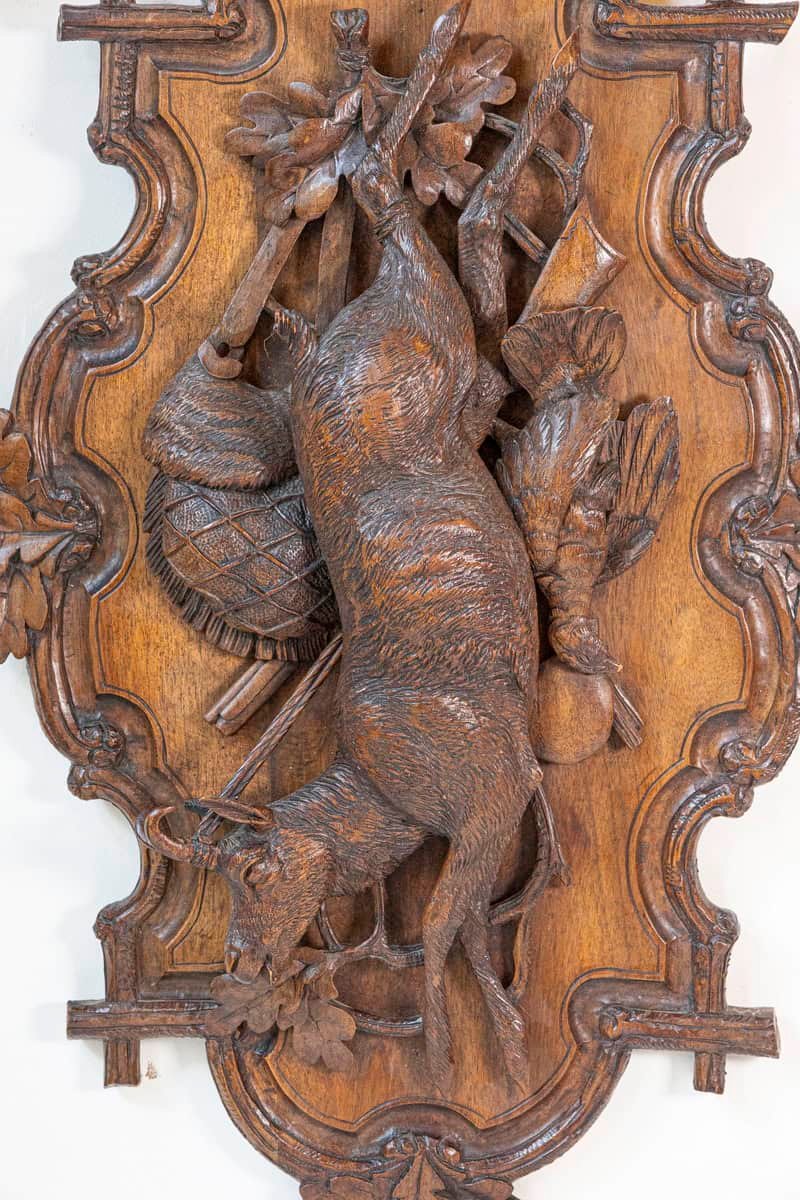 Black Forest Period 19th Century German Oak Wall Carving with Hunting Trophy - JAA