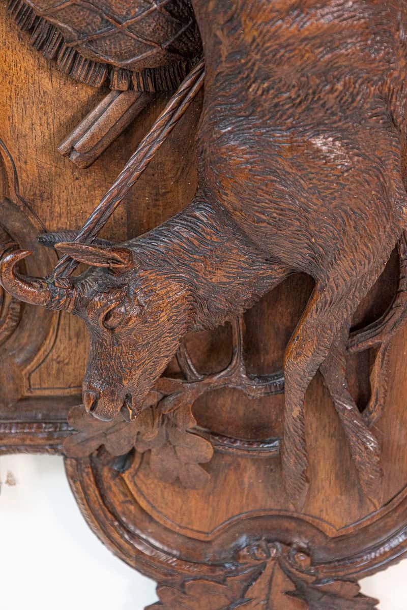 Black Forest Period 19th Century German Oak Wall Carving with Hunting Trophy - JAA