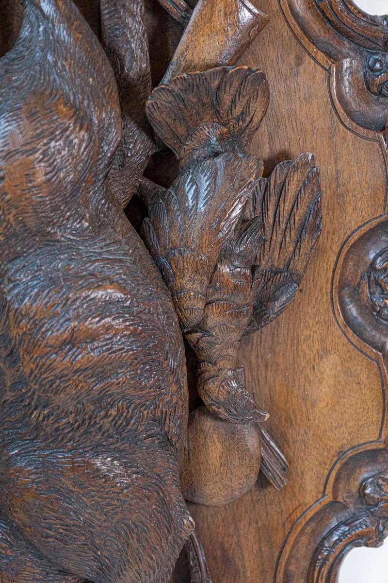 Black Forest Period 19th Century German Oak Wall Carving with Hunting Trophy - JAA