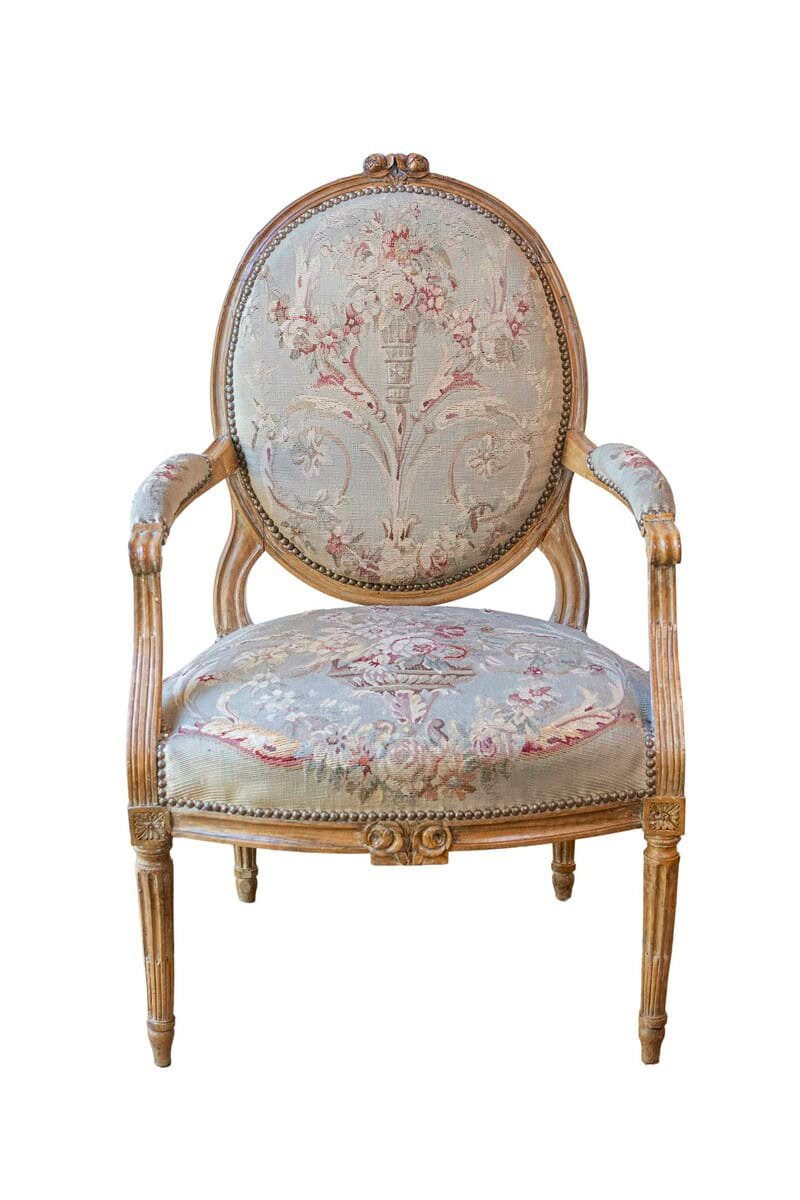 French Louis XVI Period 18th Century Armchair with Floral Tapestry Upholstery