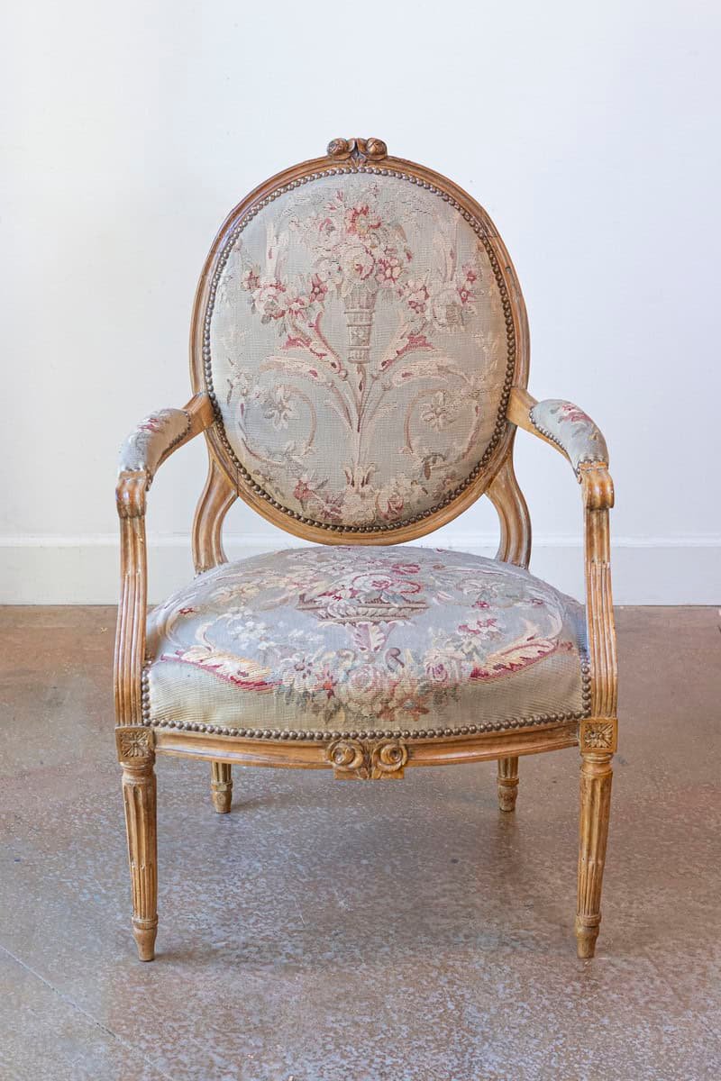 French Louis XVI Period 18th Century Armchair with Floral Tapestry Upholstery - JAA
