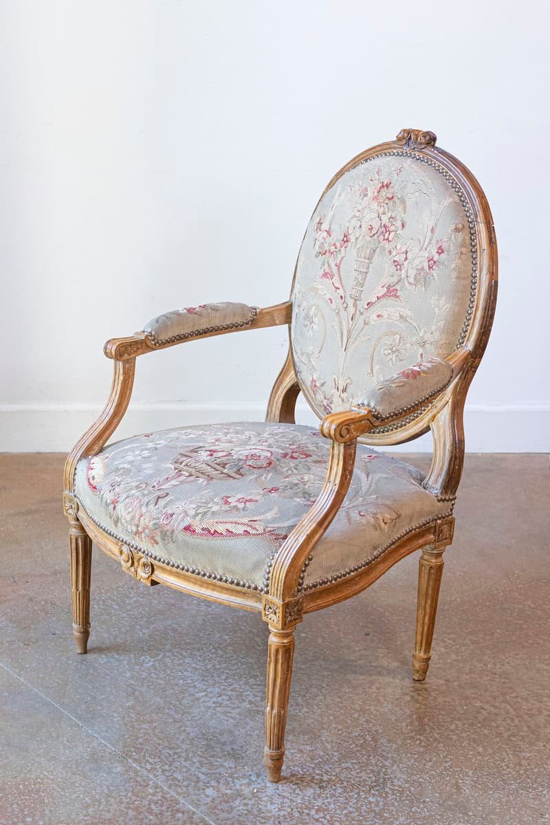 French Louis XVI Period 18th Century Armchair with Floral Tapestry Upholstery - JAA