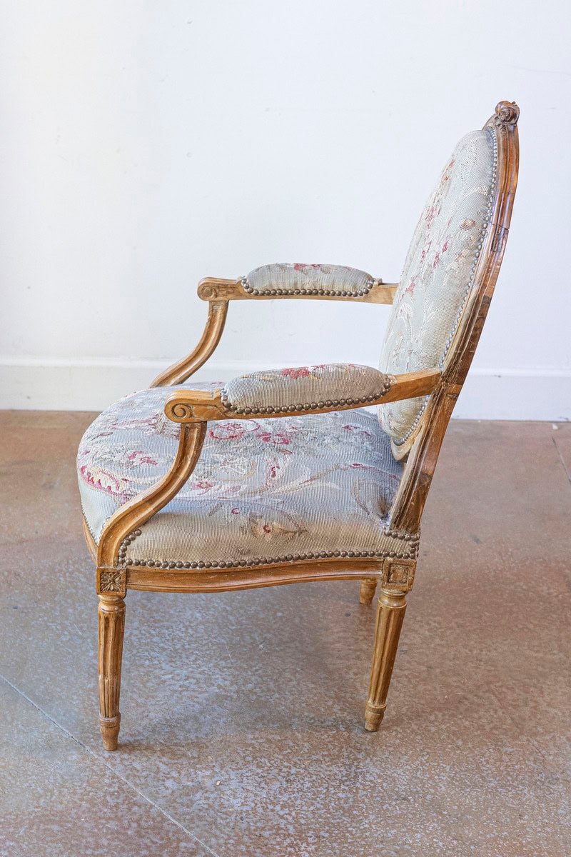 French Louis XVI Period 18th Century Armchair with Floral Tapestry Upholstery - JAA