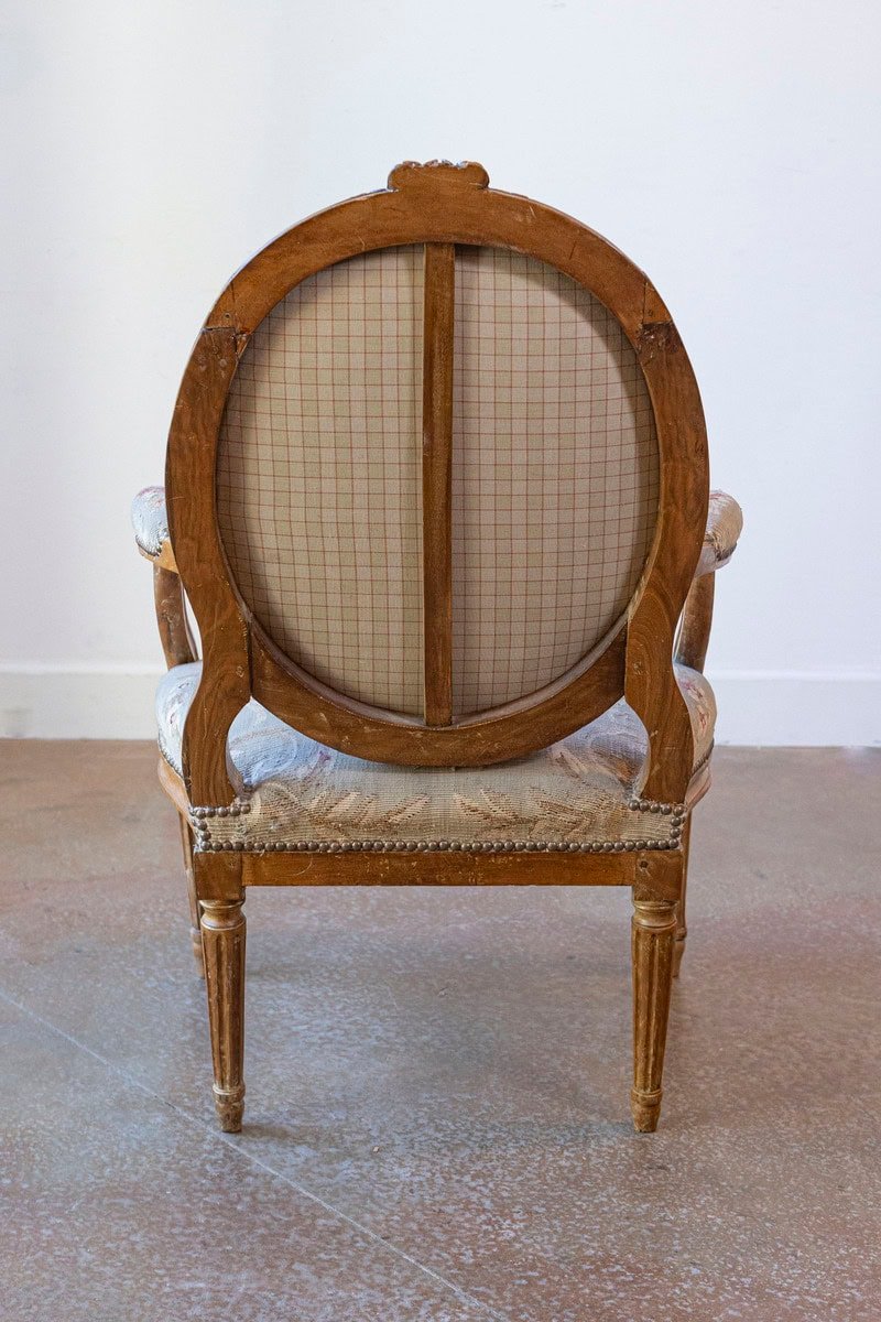 French Louis XVI Period 18th Century Armchair with Floral Tapestry Upholstery - JAA